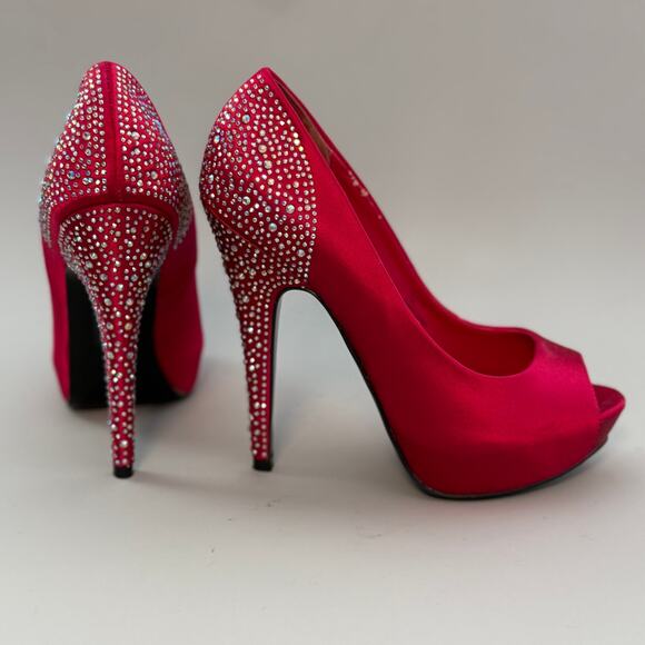 Steve Madden Playy-r Raspberry Satin Rhinestone Open-toe Platform Heels - Picture 2 of 7
